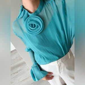 Elegant 100% Silk Blue Blouse with Floral Detail